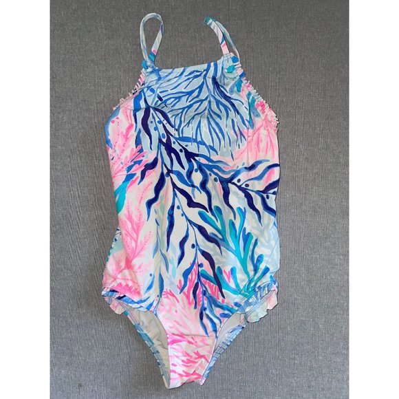 Lilly Pulitzer VGUC Lilly Pulitzer GIRLS JULIET ONE PIECE SWIMSUIT Crew Blue Kal - Picture 1 of 5
